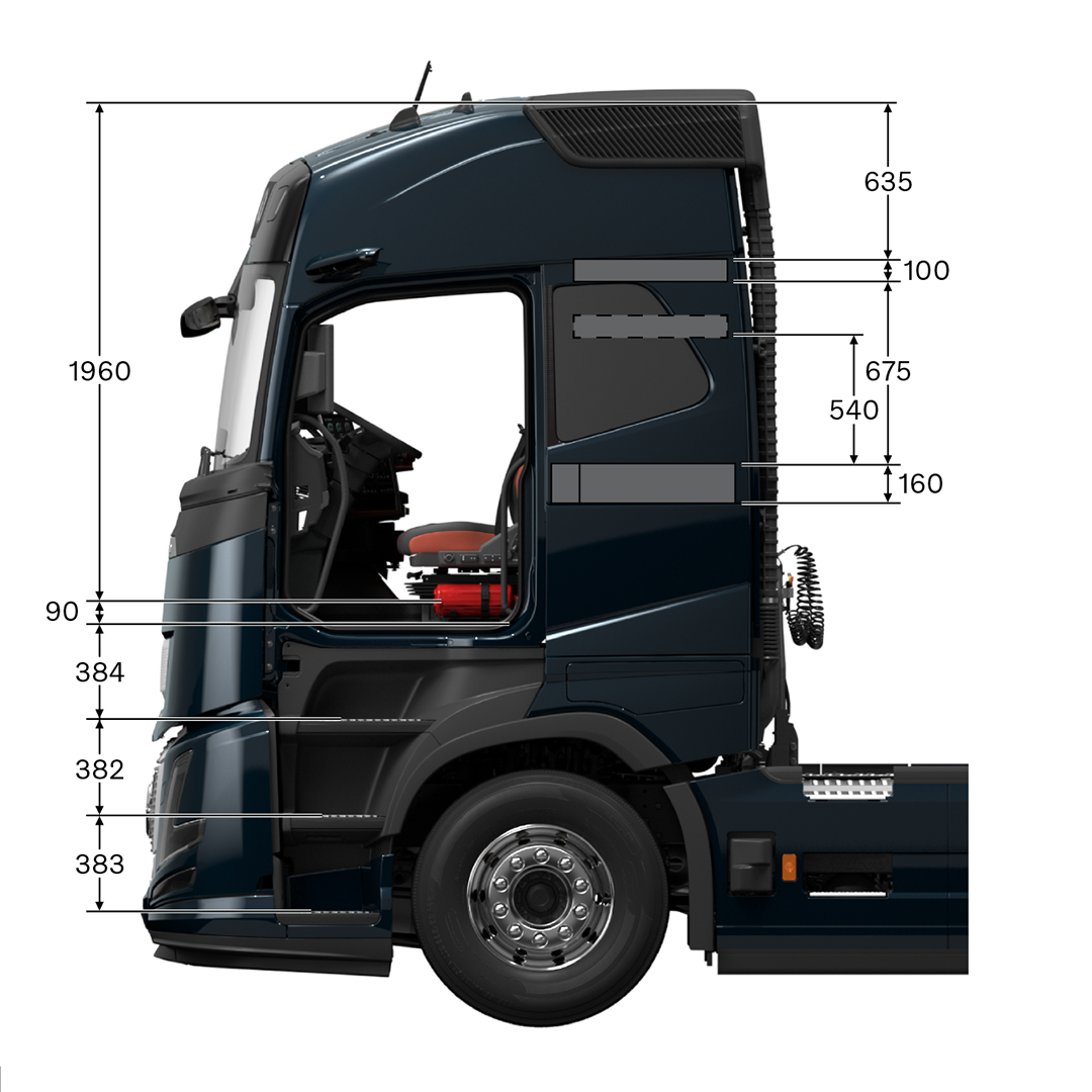 Volvo FH16 Aero globetrotter cab with measurements, viewed from the side